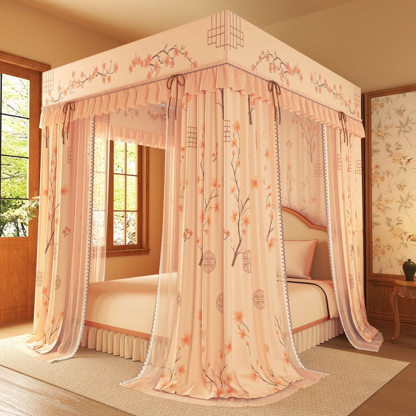 蚊帐家用2026新款卧室高级落地遮光床帘一体式中式风1米5床三开门