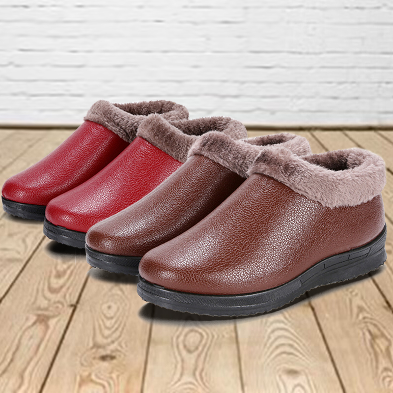 冬季皮面防水女棉鞋加绒保暖老北京布鞋棉鞋休闲防滑妈妈鞋雪地靴