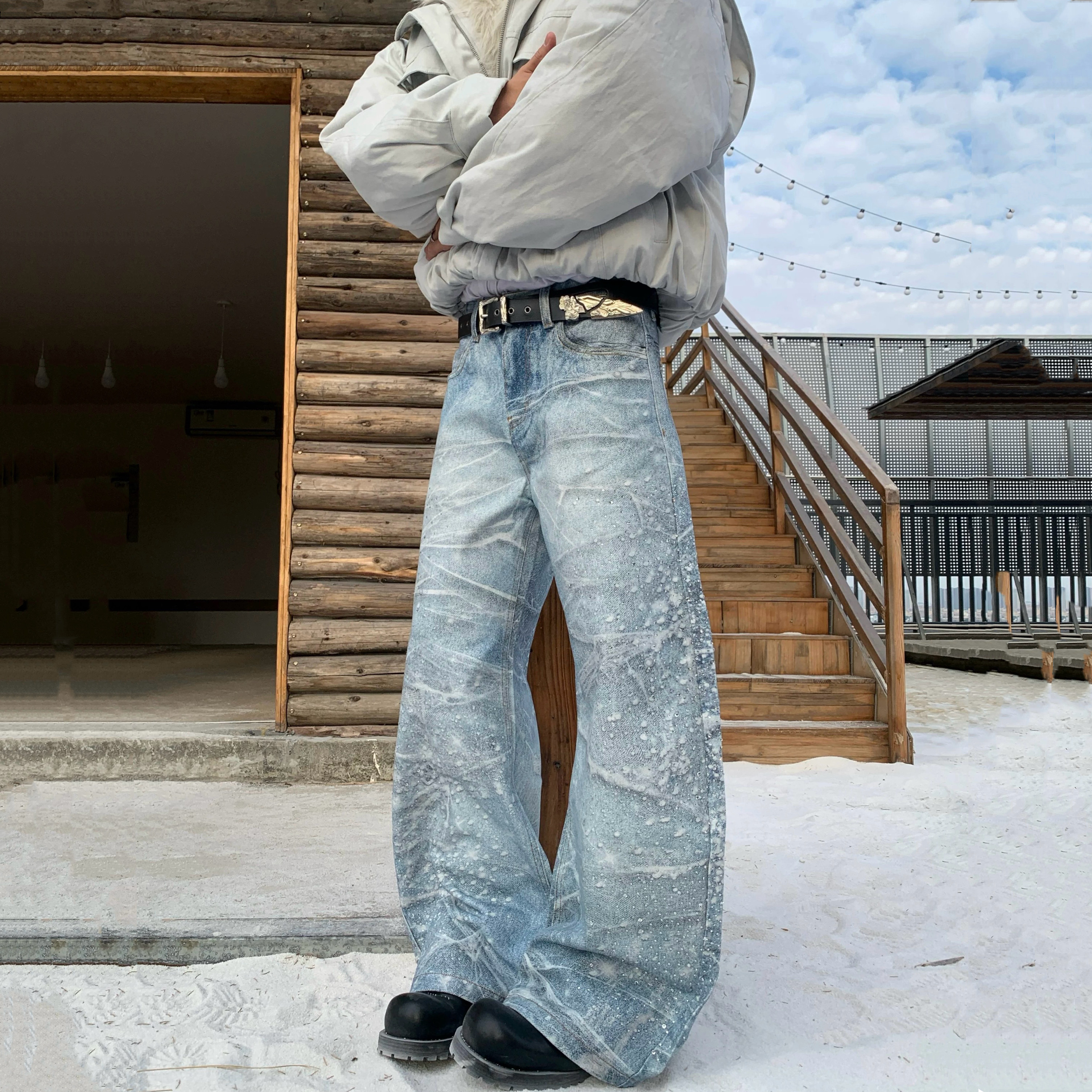 美式高街vibe风复古3D打印烫钻星光泼墨蛛网弯刀宽松牛仔裤长裤男,男装,牛仔裤,淘宝优惠券,粉丝福利购,淘宝优惠卷