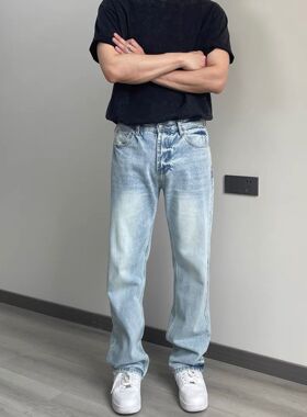 美式复古501风格vintage冰蓝直筒牛仔裤雪花纹cleanfit jeans男潮