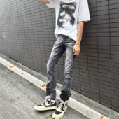 男 牛仔裤 美式 高街vibe风重磅水洗黑灰vintage3.0质感微喇弹力修身