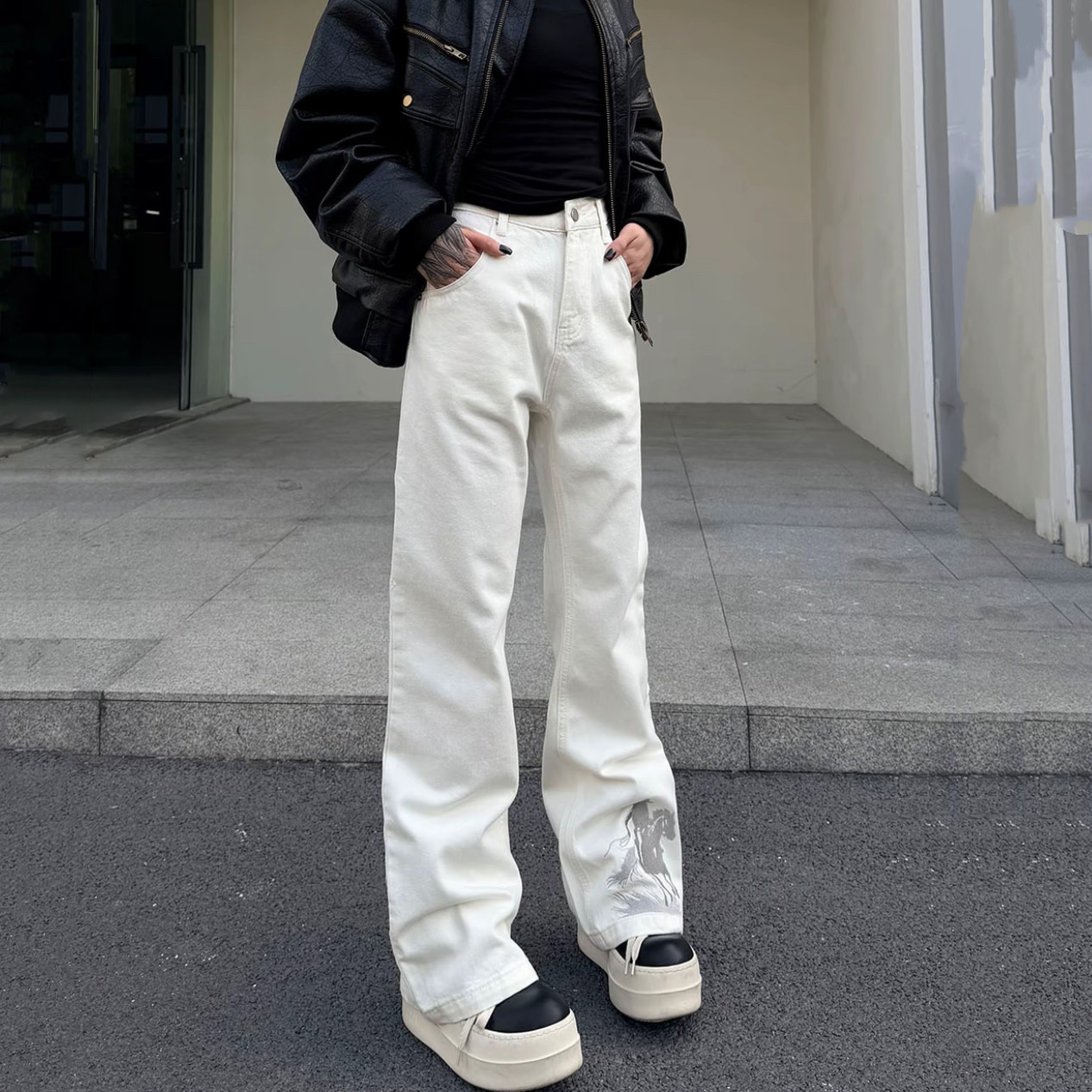 美式vibe风马年限定绣花水洗做旧牛仔裤A字白牛休闲长裤子男女潮,男装,牛仔裤,淘宝优惠券,粉丝福利购,淘宝优惠卷