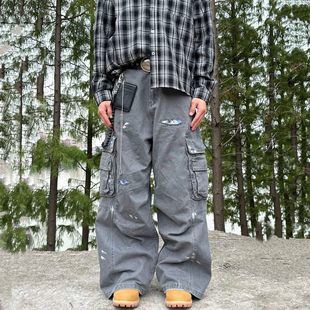 宽松阔腿法工长裤 裤 baggy男女 复古水洗做旧破坏补丁泼墨工装 美式