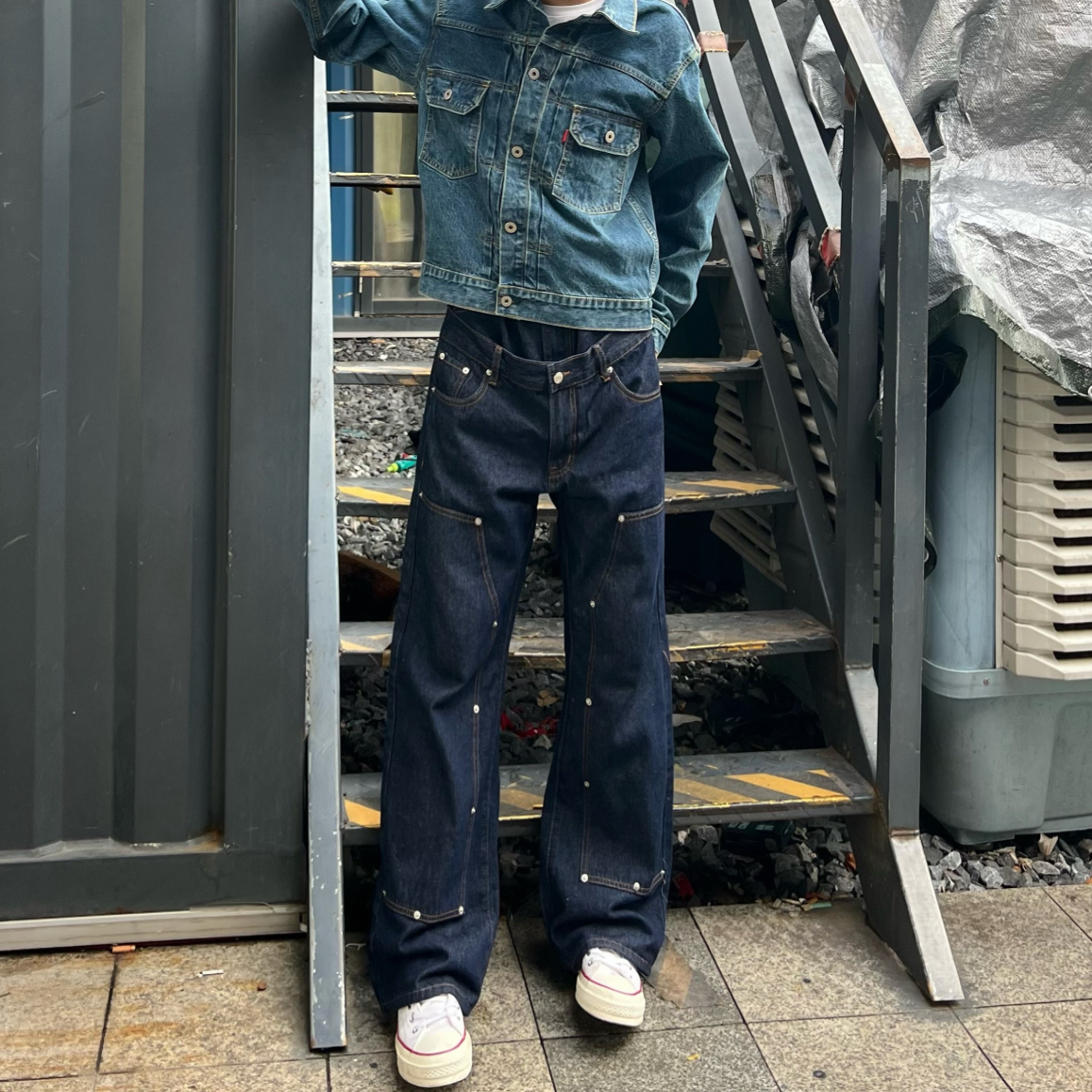 复古铆钉假两件深蓝牛仔裤长裤男
