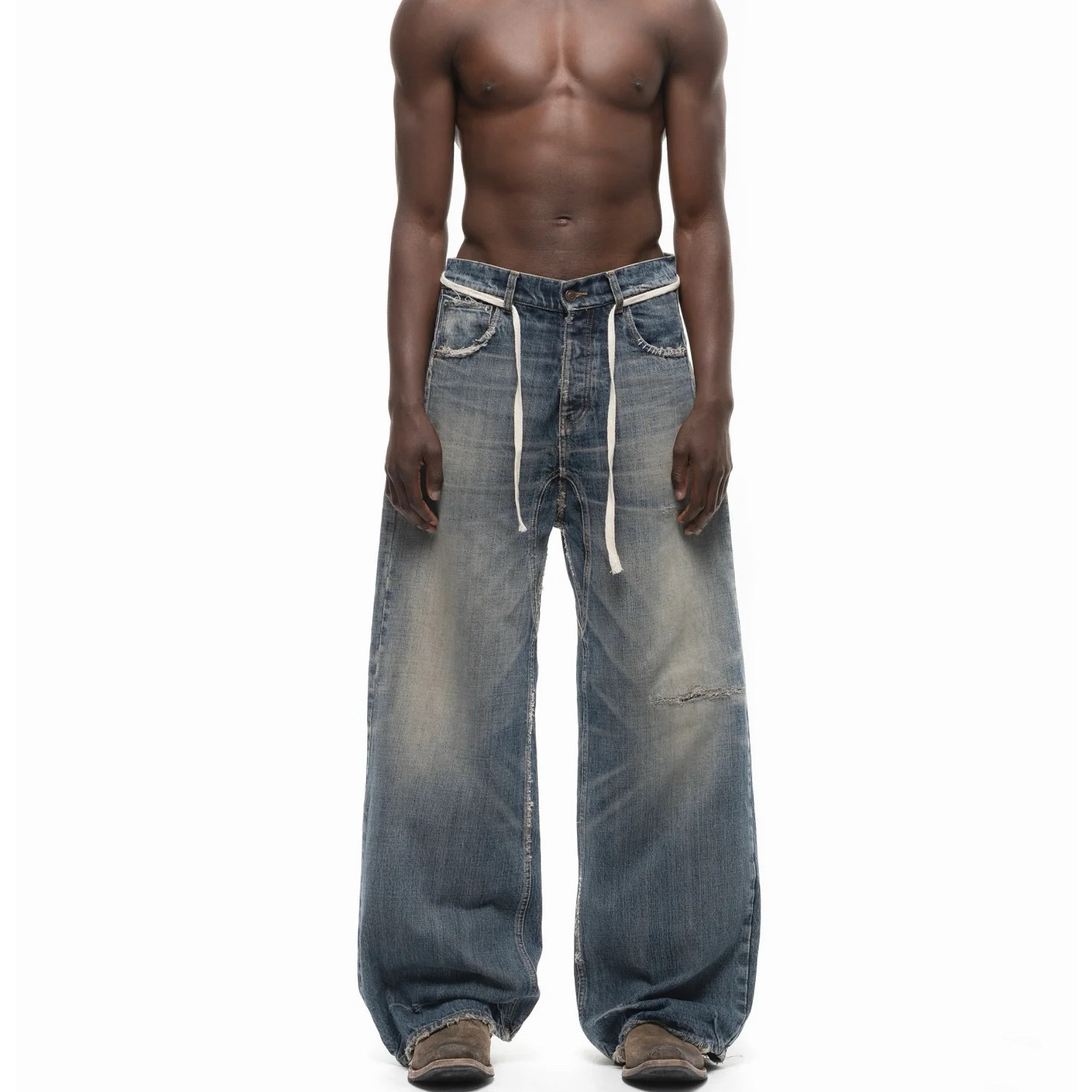 美式高街复古水洗浅蓝刀割抽绳磨烂做旧牛仔裤Baggy直筒长裤子男,男装,牛仔裤,淘宝优惠券,粉丝福利购,淘宝优惠卷