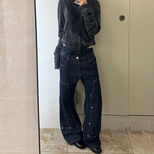 美式 男女宽松直筒街头 vibe风复古水洗做旧拼接双腰头深蓝色牛仔裤