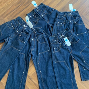 Cleanfit双腰头撞钉复古原牛Baggy宽松直筒阔腿休闲伐木牛仔裤男