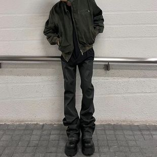 欧美FOG手工刷蜡水洗做旧黑胶修身 子男 直筒微喇叭复古弹力牛仔裤