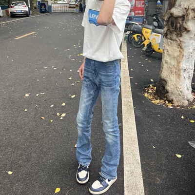 cleanfit高街复古浅蓝微喇牛仔裤