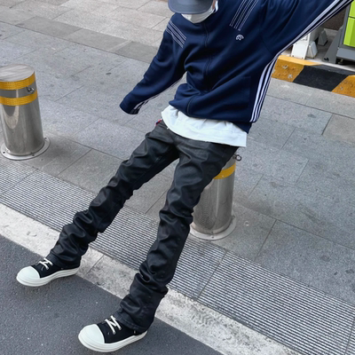 黑色显瘦微喇涂层刷蜡牛仔裤百搭