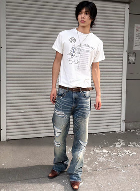 破洞补丁街头skinny低腰牛仔裤男