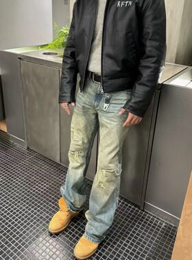 KIV同款 美式高盎司做旧毛边破坏微喇牛仔裤重制517复古长裤子男