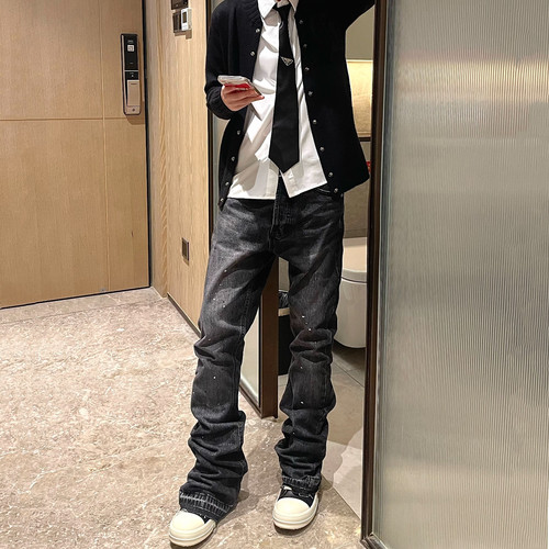 黑灰微喇版型牛仔裤泼墨毛边长裤