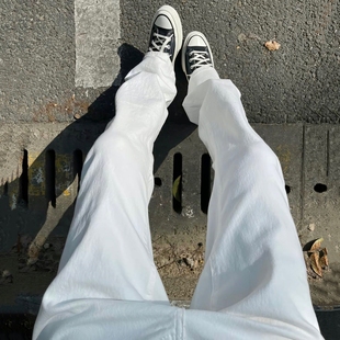 子男潮 ins显瘦堆积感直筒微喇裤 高街cleanfit白色休闲牛仔裤 美式