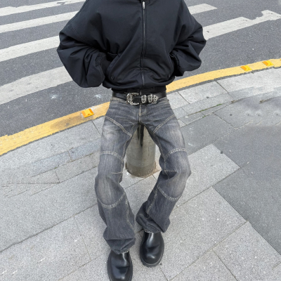 美式小众设计感水洗黑灰牛仔裤破缝低腰盔甲双膝宽松直筒长裤子男
