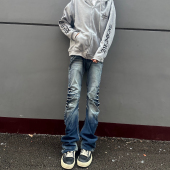 男 子水洗立体猫须高弹雾蓝牛仔裤 美式 cleanfit波纹裂痕皱褶弯刀裤