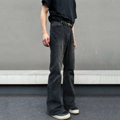 水洗黑灰直筒微喇宽松牛仔裤男