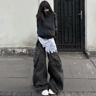 美式复古做旧水洗水波纹炮弹工装裤baggy休闲弯刀阔腿长裤子男女