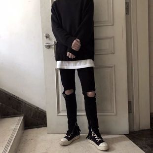 欧美高街侃爷同款膝盖破坏刀割破洞黑色修身裤脚拉链牛仔裤男女潮