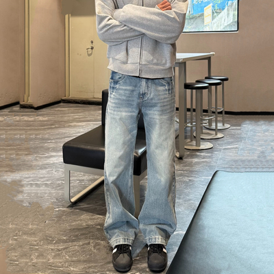 水洗浅蓝cleanfit闪电裂纹牛仔裤