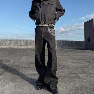 美式vintage复古青花瓷原牛窄幅赤耳激光烧花提花拼接牛仔裤直筒