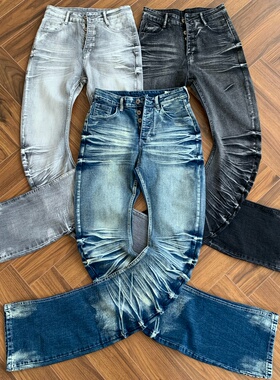 CIeanfit美式爆裂纹水洗雾霾灰立体猫须高弹弯刀牛仔裤微喇男女款