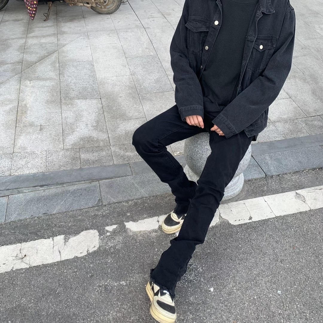 复古黑色微喇叭牛仔长裤潮牌男女