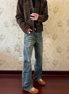 DC+美式高街复古水洗做旧蓝色牛仔裤男女直筒微喇休闲显瘦长裤子