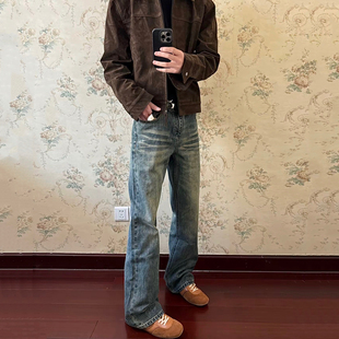 DC+美式高街复古水洗做旧蓝色牛仔裤男女直筒微喇休闲显瘦长裤子