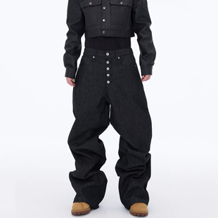 2025FW秋冬Baggy弯刀立体裁剪五连扣宽松阔腿拖地黑色原牛牛仔裤