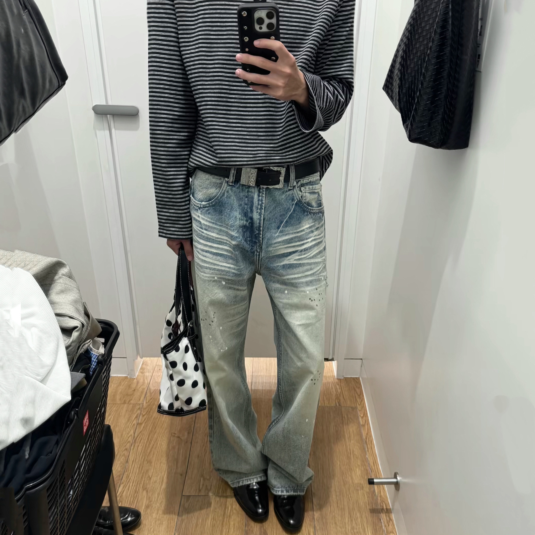 美式复古高街水洗蓝磨破牛仔裤男图片