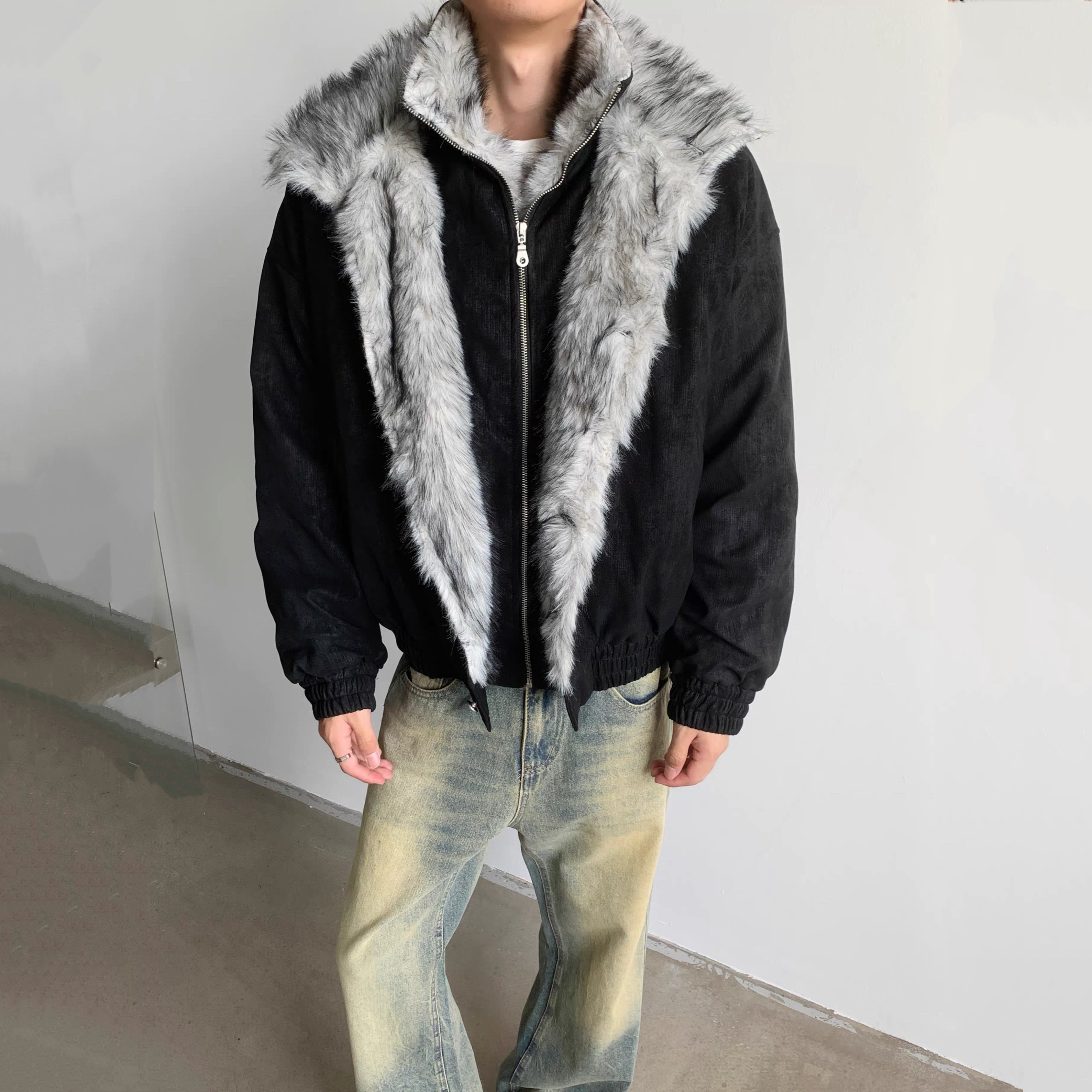 短款狼王双层毛绒立领派克服棉衣