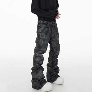 喇叭长裤 堆积拖地牛仔裤 子男潮 S秋冬手工刷胶闪粉涂层修身 2025S