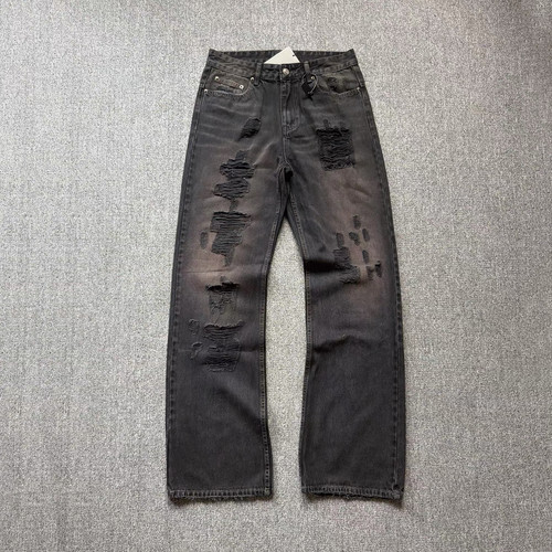 巴黎秀黑灰做旧破坏中低腰牛仔裤