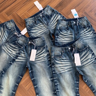 美式高街vibe风复古水洗蓝色裂纹猫须微喇牛仔裤517风格长裤子男