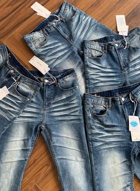 Cleanfit517蓝牛压皱立体猫须3.0牛仔裤水洗微喇修身显瘦长裤子男