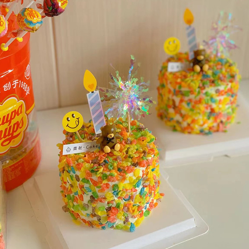 网红蛋糕装饰插件卡通笑脸可爱小熊雨丝插件五彩果味麦圈麦片装扮