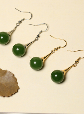 青峰玉业新疆天然和田碧玉绿包银圆珠耳钉耳钩绿色百搭圆形925银