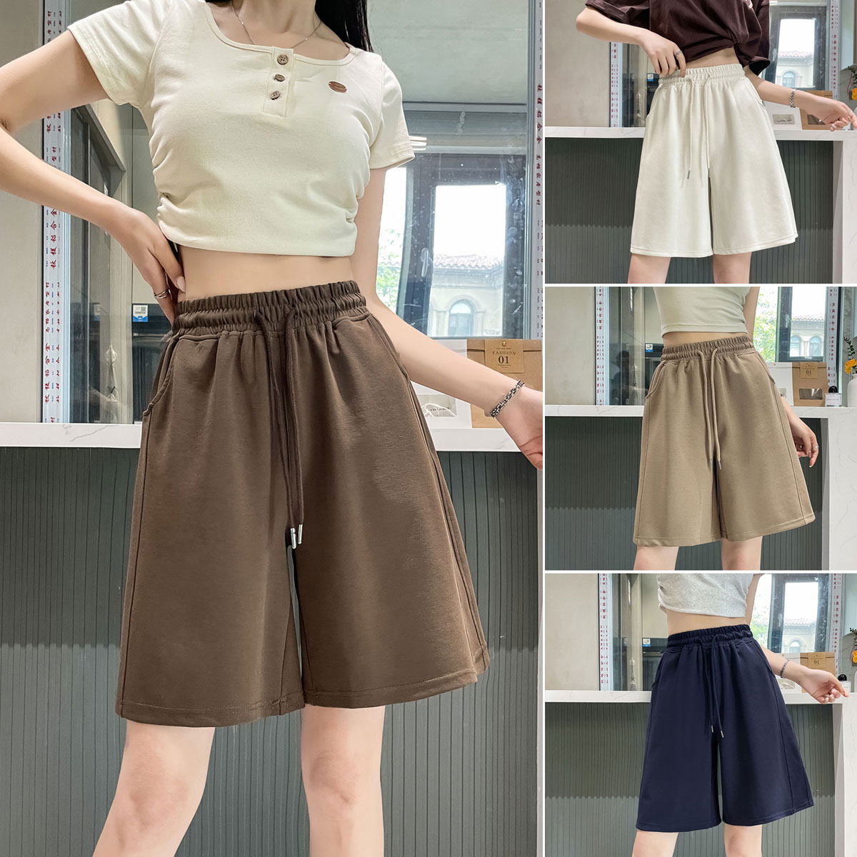 学生少女夏天宽松阔腿五分中裤