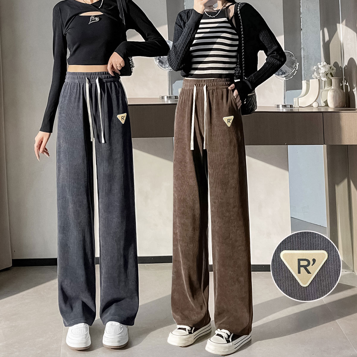 高中初中生春秋裤子欧棉绒阔腿