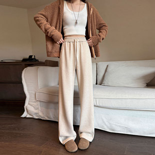 青少年初中高中学生女孩裤子春秋运动休闲裤直筒仿羊绒毛呢阔腿裤