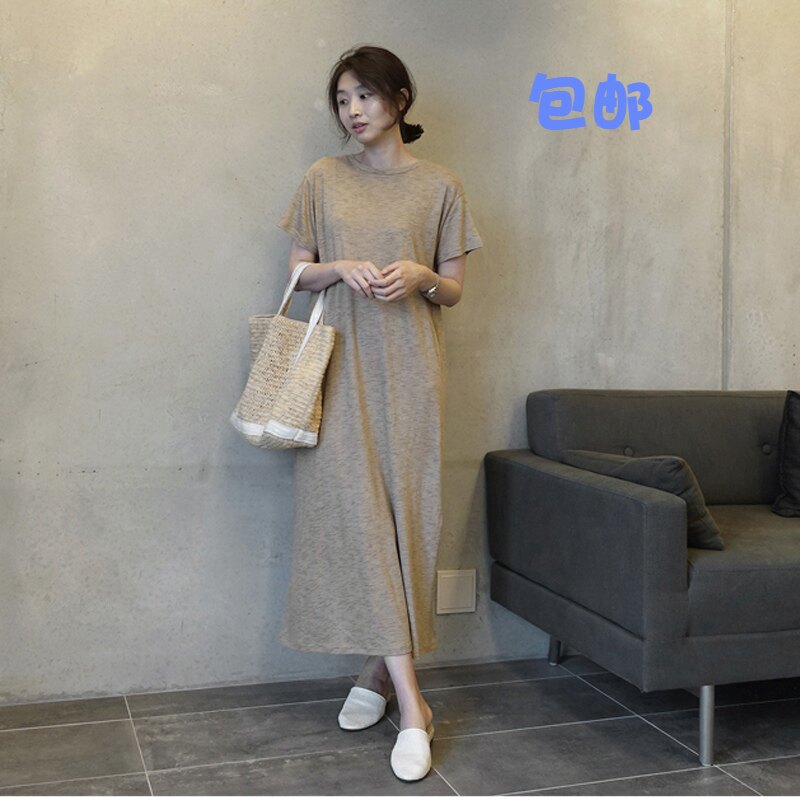 莫代尔过膝凉快夏装半袖连衣裙