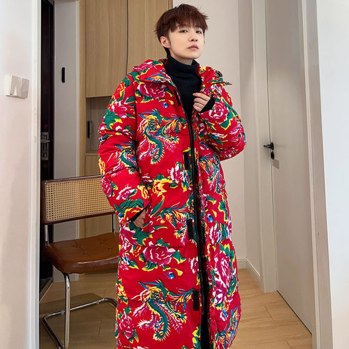 东北大花棉袄羽绒服男士冬季国潮网红大码加厚情侣中长款棉衣外套