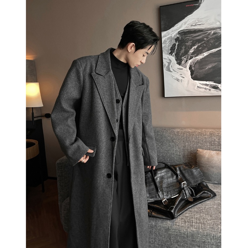 高级感假两件毛呢大衣男士秋冬季加厚中长款过膝德式呢子风衣外套