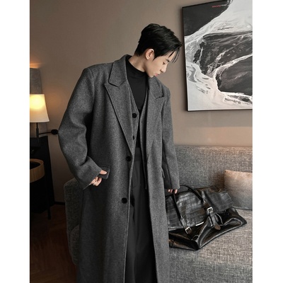 高级感假两件毛呢大衣男士秋冬季加厚中长款过膝德式呢子风衣外套