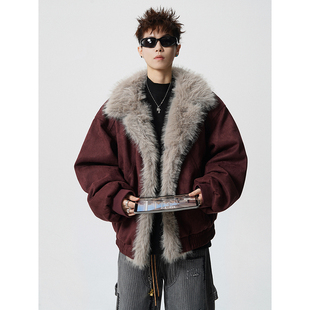 2025潮牌痞帅加厚短款 美式 装 冬季 座山雕棉衣袄外套 毛领羽绒服男士