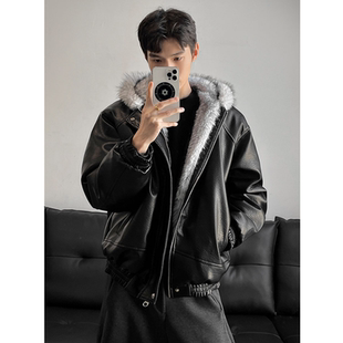 痞帅短款 冬季 加绒加厚座山雕棉衣袄外套 高级感PU皮羽绒服男士 美式
