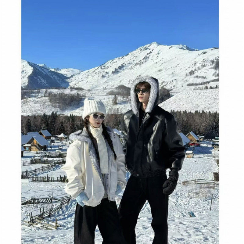 美式PU皮羽绒服男士冬季潮牌痞帅短款加绒加厚情侣座山雕棉衣外套