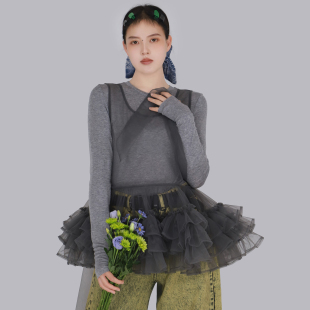 TEATREE《春涧系列》日系叠穿花边网纱罩衫透视浪漫蝴蝶结上衣仙