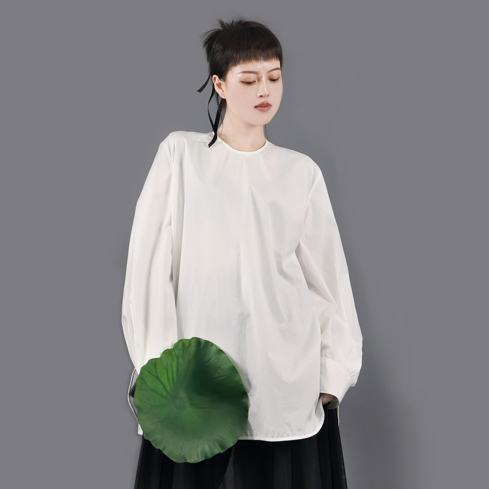 宽松时尚圆领长袖纯棉大摆衬衫女